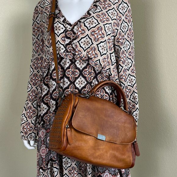 IVTG Brown Leather Satchel Medium Crossbody Studded Bag Purse - Picture 2 of 16